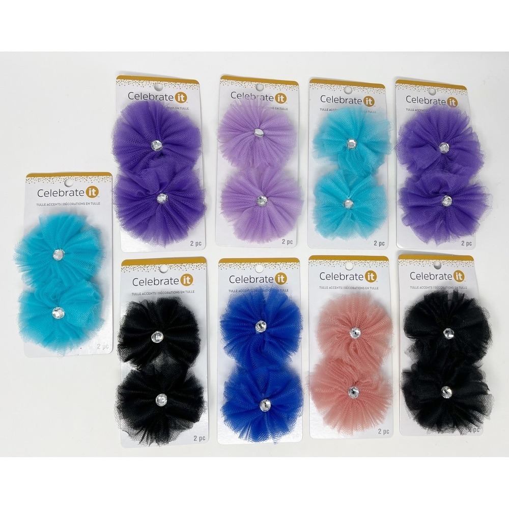 9 Set Lot of Tulle Mesh Flowers with Rhinestone Center